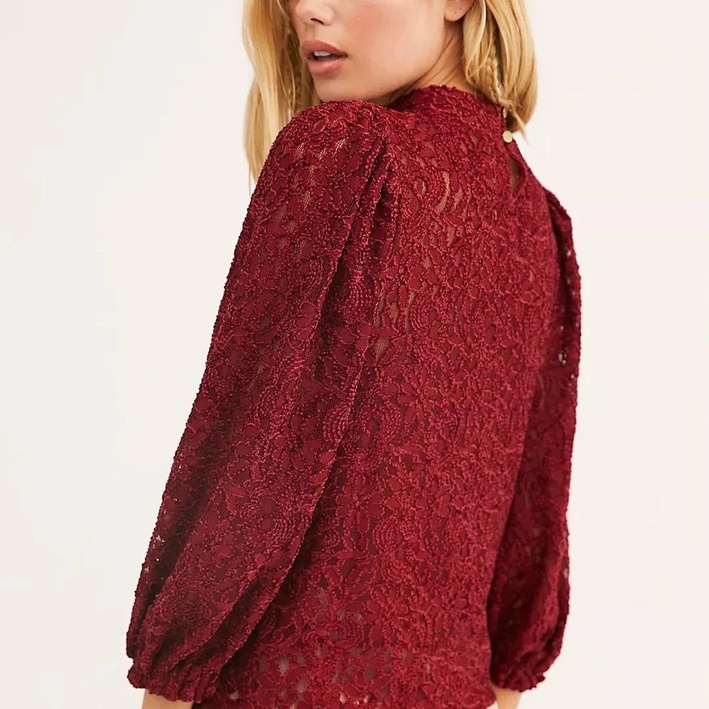 Free People Sweet Talker Floral Lace High Neck Puff Sleeve Blouse, Size S - Picture 8 of 16